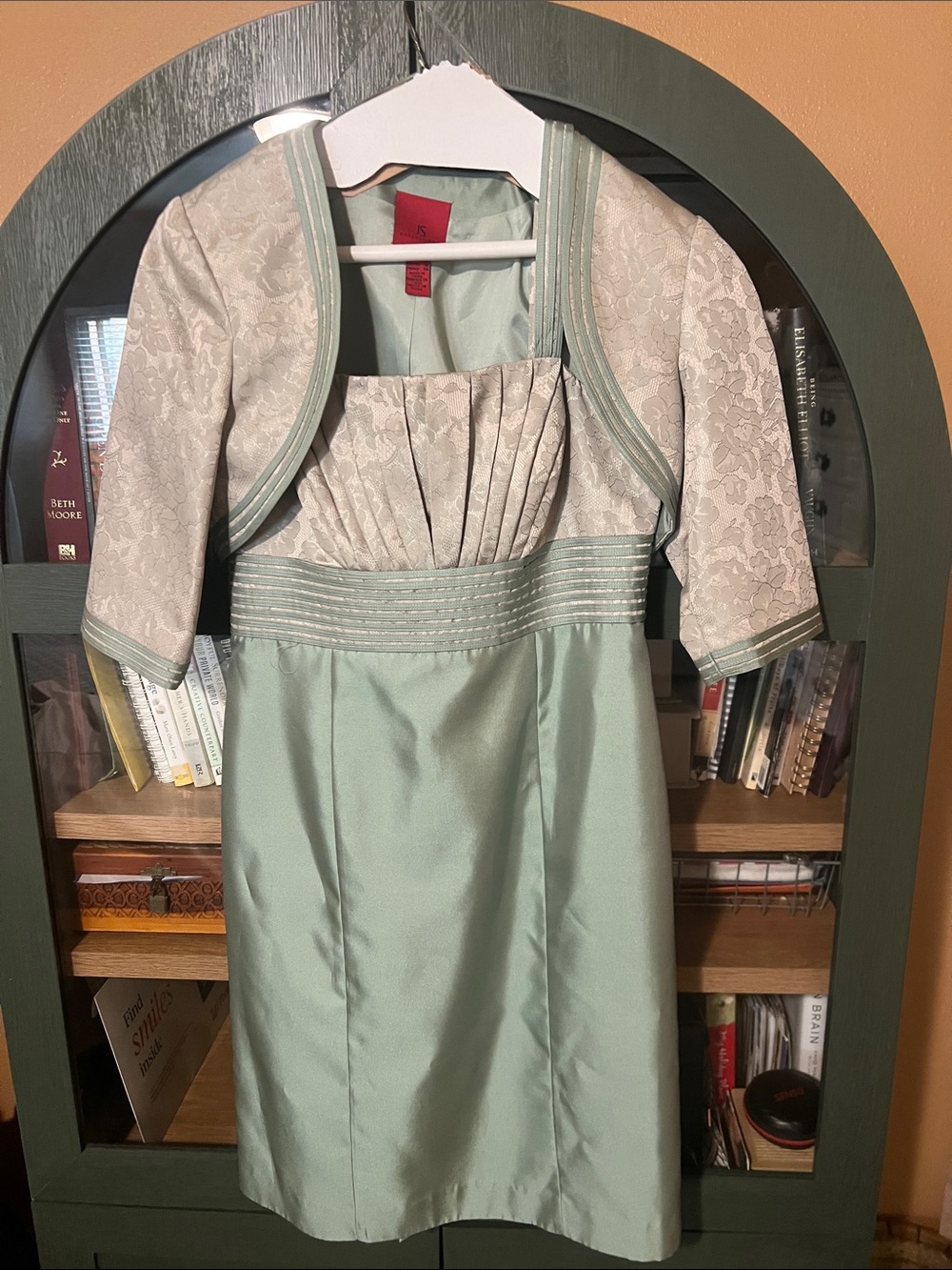 JS Collections Sage Green Dress with Ivory Lace Bolero